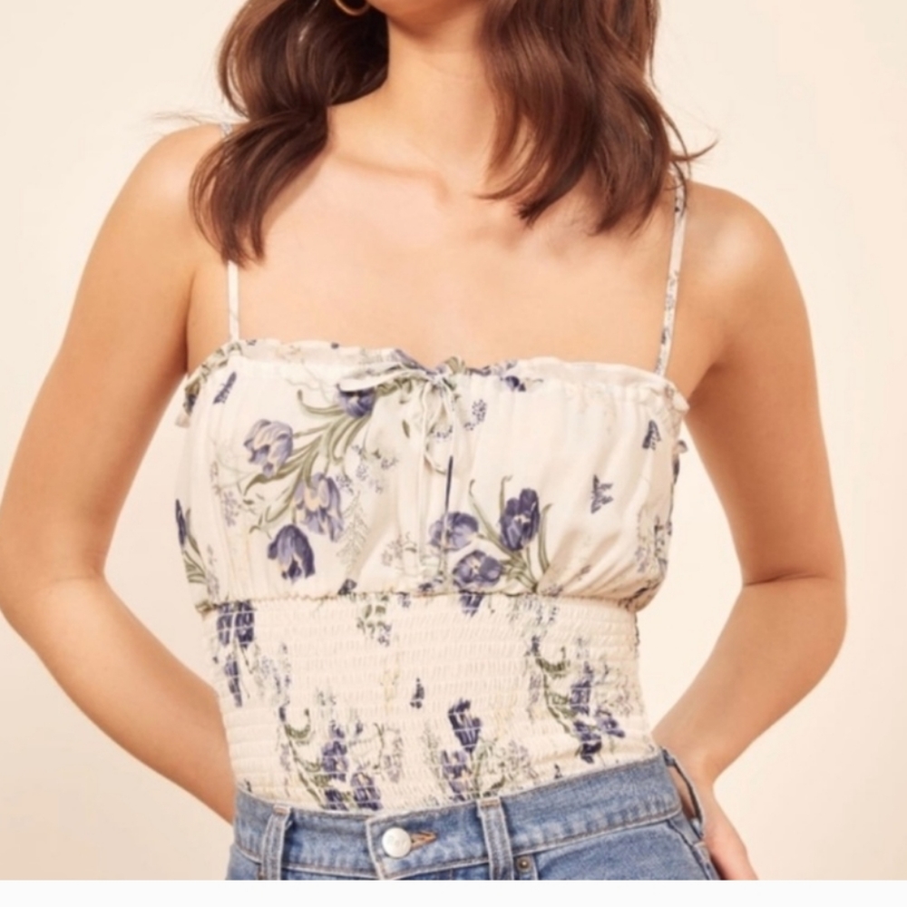 Reformation Angelica Size Large Cropped Floral Smocked Top